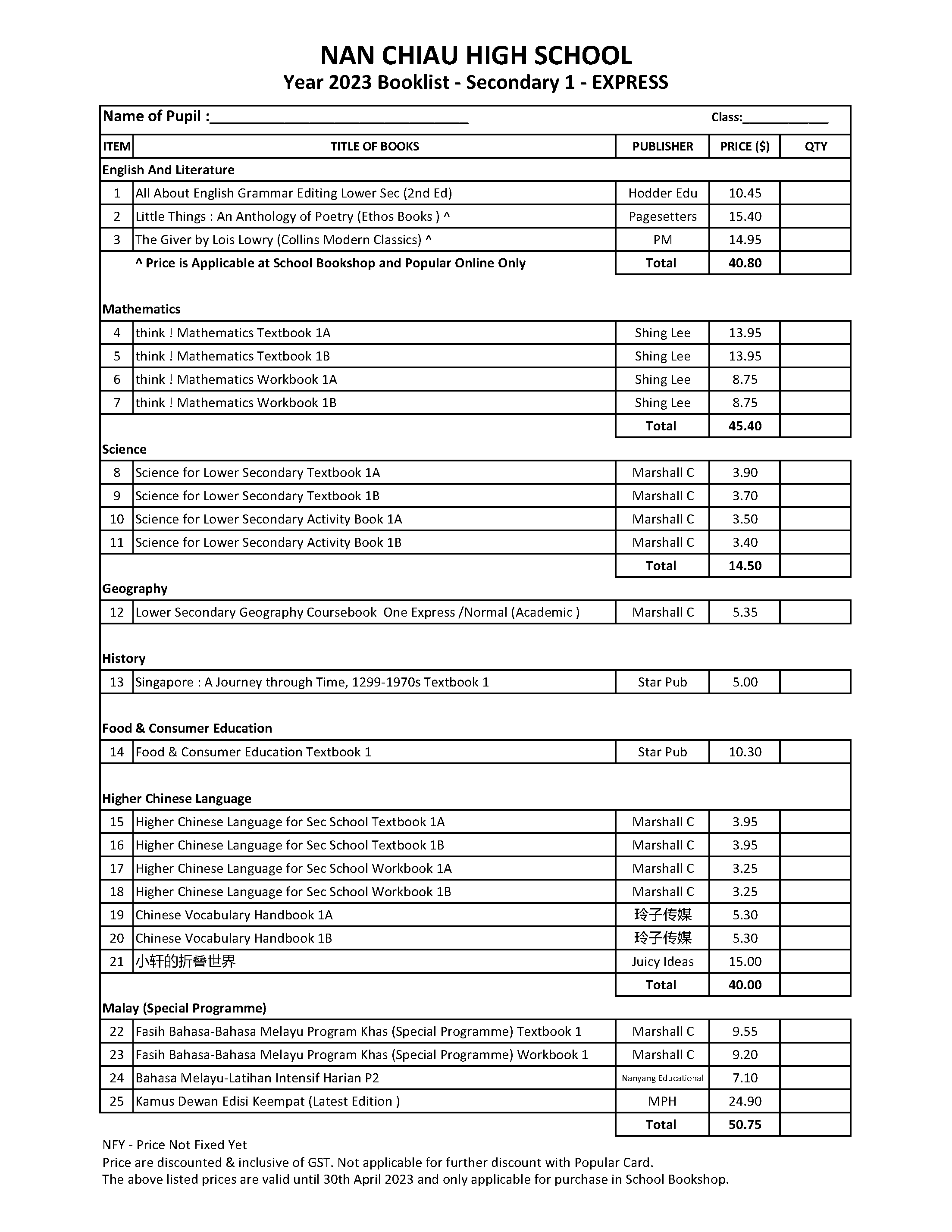 NCHS 2023 Sec1 Book List